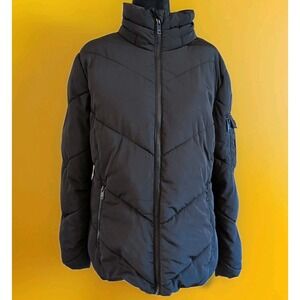 DKNY Jacket  Insulated Poly Fill Quilted Full Zip Coat Black Womens L Mid Length